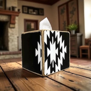 Handmade bold Aztec tissue box for cowboy, ranch, or Western-style cabin décor, made in Maine