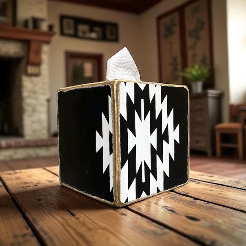 Handmade bold Aztec tissue box for cowboy, ranch, or Western-style cabin décor, made in Maine