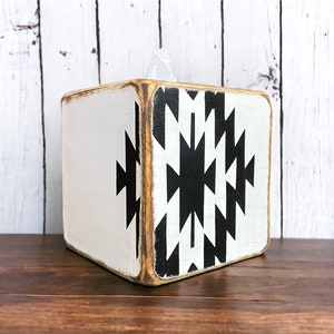 Aztec Tissue Box Cover, Rustic Wood Western Ranch Decor, Tribal Hand painted