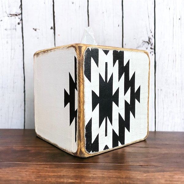 Aztec Tissue Box Cover, Rustic Wood Western Ranch Decor, Tribal Hand painted, Distressed, Square, Log Cabin Decor,