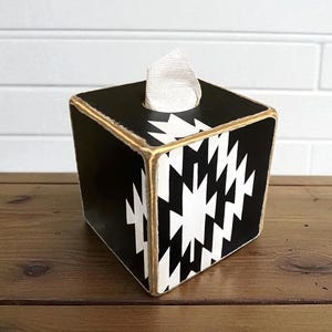 Rustic Western tissue box featuring a bold Aztec pattern, ideal for Southwestern-inspired cabins, lodges, or ranch homes, made in Maine