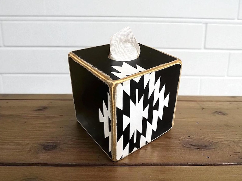 Rustic Western tissue box featuring a bold Aztec pattern, ideal for Southwestern-inspired cabins, lodges, or ranch homes, made in Maine