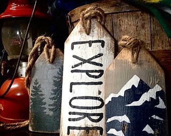 Rustic Explore Sign, Mountain Sign Log Cabin Decor | Camp Sign | Wood Door Tags, National National Park Service Distressed