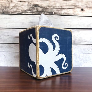 Blue Octopus Wood Tissue Box Cover for coastal beach house, nautical bathroom, ocean-inspired décor, or lake house. Hand-painted, lightly distressed, handcrafted in Maine, perfect for adding marine style and coastal charm to rustic, nautical, or seaside-inspired rooms