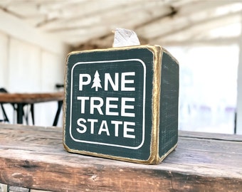 Maine Pine Tree State Wood Tissue Box Cover,  Acadia National Park, Rustic Log Cabin Decor, Square, Distressed