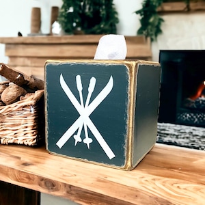 Skiing Tissue Box Cover, Rustic Ski Trail Decor