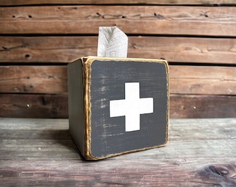 Rustic Swiss Cross Tissue Box Cover | Wood Skiing or military Decor, Gray