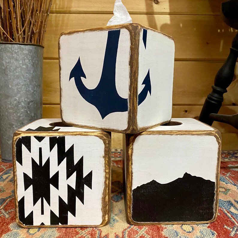 Bold patterned Aztec tissue boxes with Southwestern charm, perfect for cowboy cabins, ranch décor, or Western-inspired interiors, made in Maine