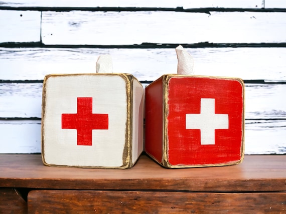 First Aid Rustic Wood Tissue Box Cover, Lifeguard & Ski Cabin Decor