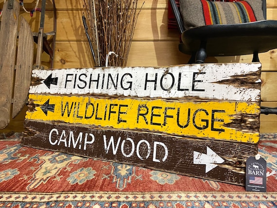 Fishing Hole Camping Wood Sign Set rustic Log Cabin Decor Distressed Directional  Signs Wildlife Refuge Camp Wood 