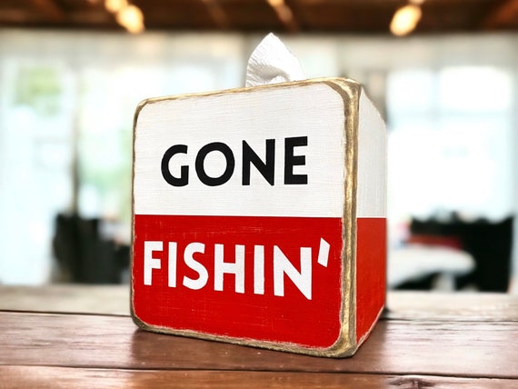 Gone Fishing Tissue Box Cover, Fishing Bobber, Rustic Wood Lake