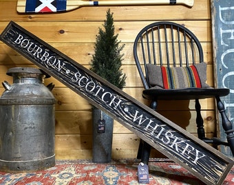 Rustic Bourbon Scotch Whiskey Sign, Wood Liquor Sign, Bar Decor, Tennessee Whiskey, ManCave, Cigar Bar, Distressed Log Cabin Decor 5ft