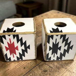 two bold Aztec tissue boxes for southwestern decor and western ranch. each hand painted and distressed