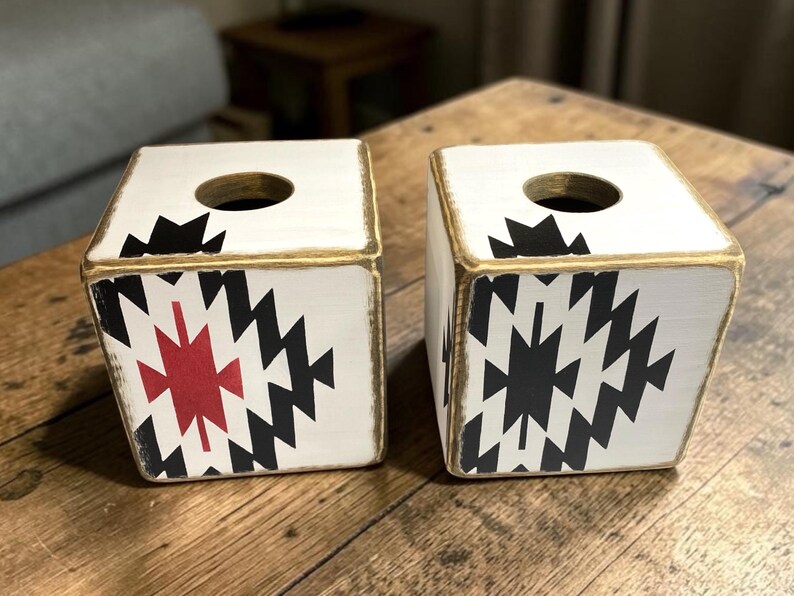 two bold Aztec tissue boxes for southwestern decor and western ranch. each hand painted and distressed
