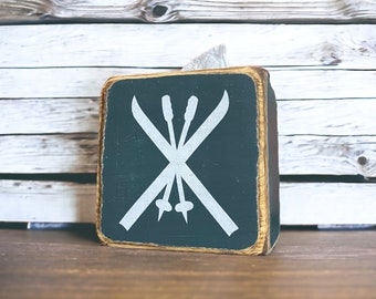 Skiing Tissue Box Cover | Rustic Wood Skiing Decor | Ski Poles & Skis