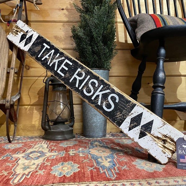 Rustic Wood Ski Trail Sign, Inspirational Office Sign, Double Diamond Take Risks