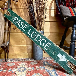 Base Lodge Wood Ski Sign | Distressed Skiing Decor | Rustic Log Cabin Decor | Ski Trail Sign