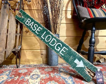 Base Lodge Wood Ski Sign | Distressed Skiing Decor | Rustic Log Cabin Decor | Ski Trail Sign