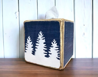 Rustic Winter Pine Tree Wood Tissue Box Cover,  Rustic Log Cabin Decor