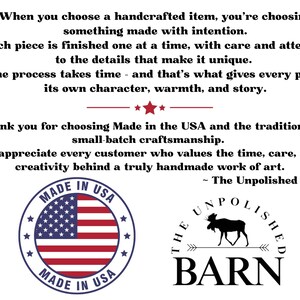 Made in the USA handcrafted decor message with small-batch craftsmanship statement, artisan logo, and handmade quality badge.