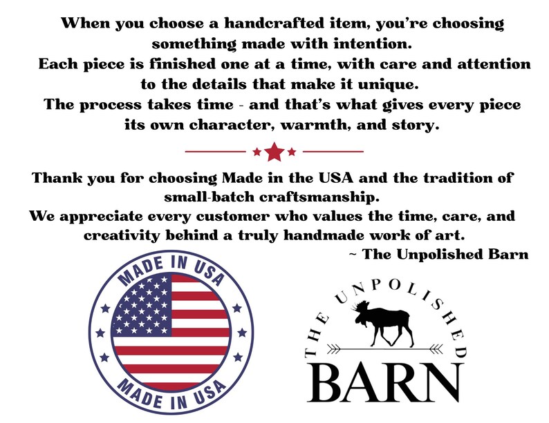 Made in the USA handcrafted decor message with small-batch craftsmanship statement, artisan logo, and handmade quality badge.