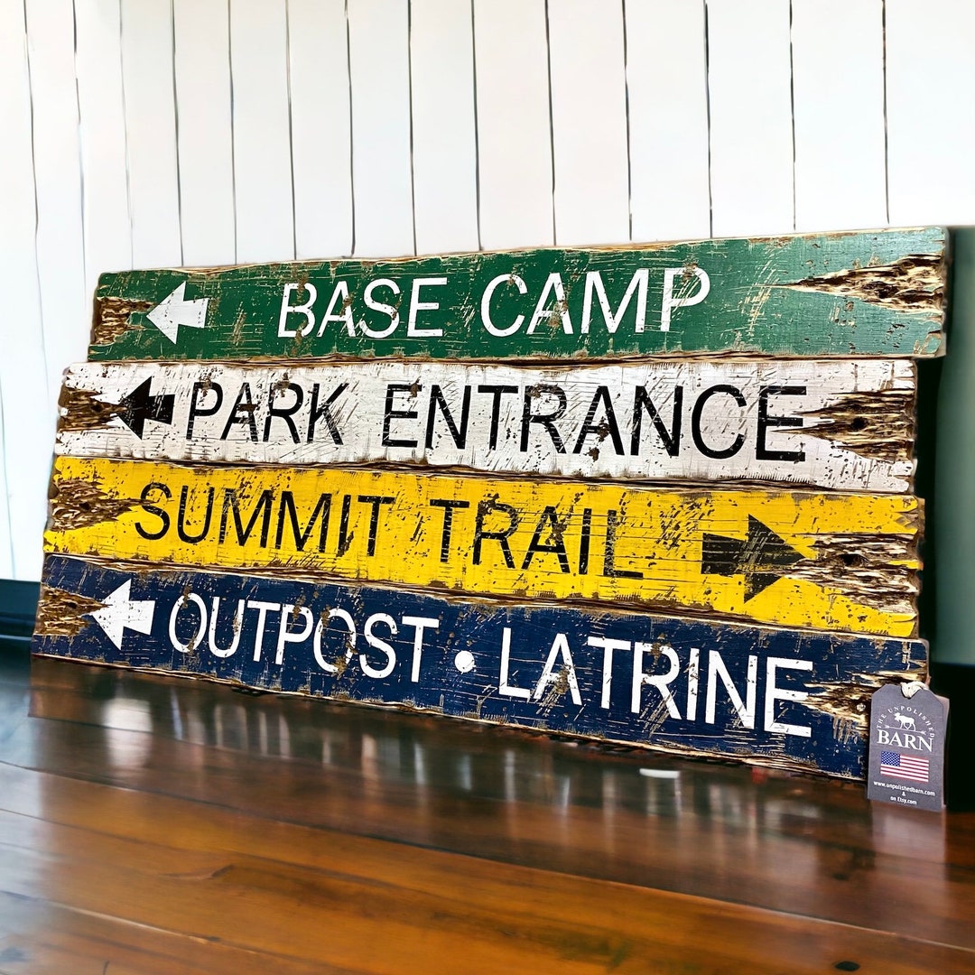 Distressed Wood Hiking Signs, Rustic Mountain Climbing Decor, Base Camp ...