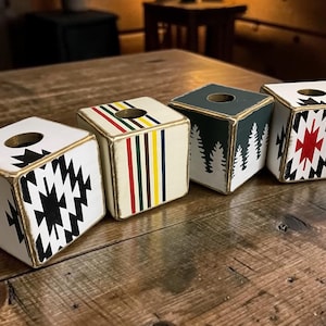 row of rustic tissue boxes including Aztec design for southwestern decor.