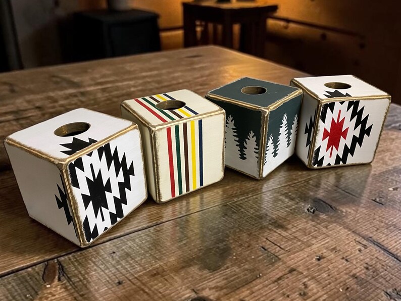 row of rustic tissue boxes including Aztec design for southwestern decor.