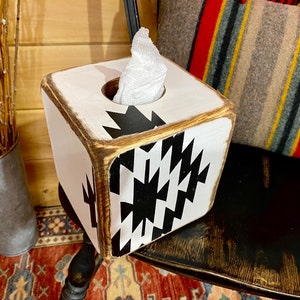 Bold patterned Aztec tissue boxes with Southwestern charm, perfect for cowboy cabins, ranch décor, or Western-inspired interiors, made in Maine