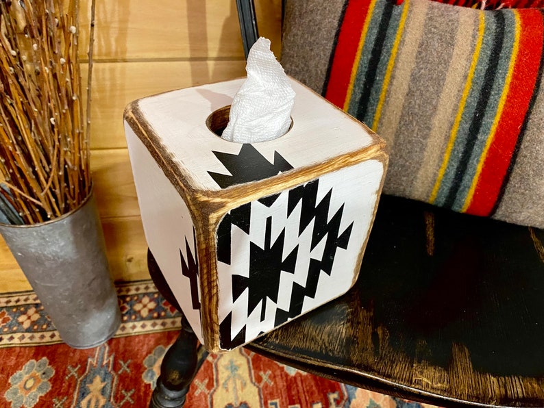 Bold patterned Aztec tissue boxes with Southwestern charm, perfect for cowboy cabins, ranch décor, or Western-inspired interiors, made in Maine