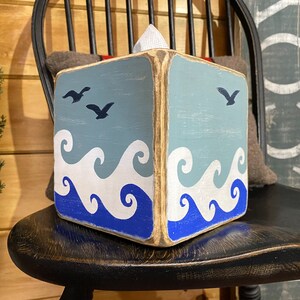 Coastal waves tissue box cover with distressed wood finish inspired by ocean tides and sandy beaches, beach house and ocean-inspired decor perfect for coastal cottages, lake houses, vacation rentals, and relaxed seaside bathrooms, rustic beach style