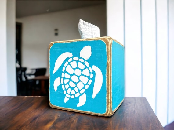 Coastal Sea Turtle Wood Tissue Box Cover | Beach House, Ocean-Inspired Home Decor
