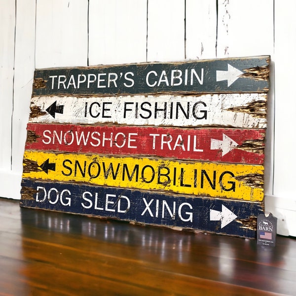 Rustic Wood Log Cabin Signs, Ice Fishing , Distressed Trappers Cabin Hunting Decor, Snowshoe Trail , Snowmobiling