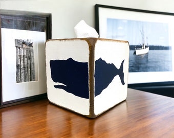 Nautical Whale Wood Tissue Box Cover, Maine Coastal Decor, Beach House Bathroom