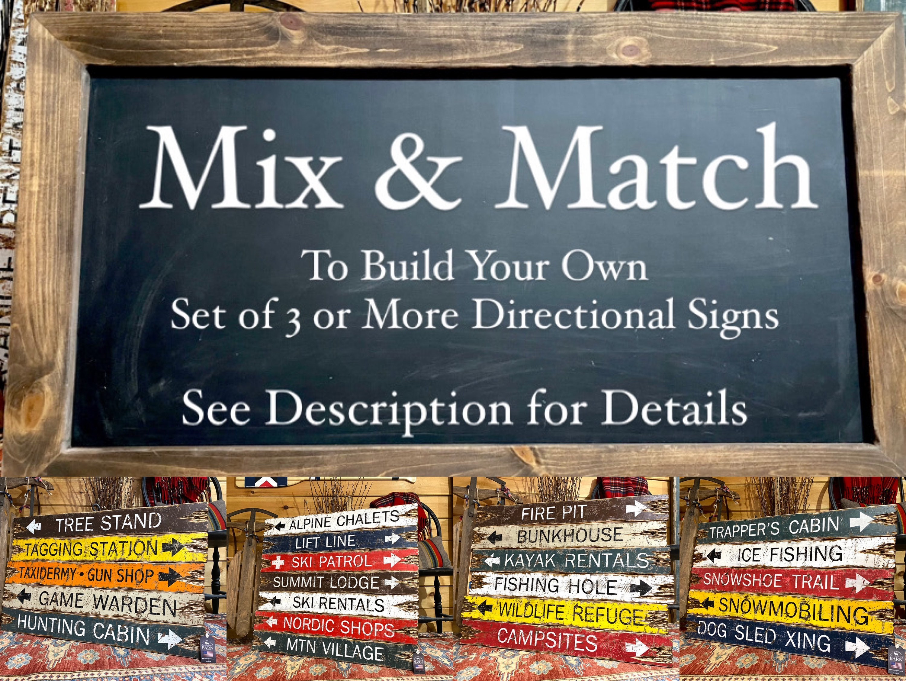 Mix & Match Rustic Wood Directional Cabin Sign Set Fishing Hunting Skiing  Decor 
