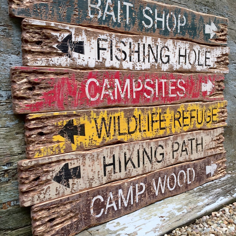 Rustic Fishing Signs Wood Log Cabin Decor Hiking Gift Camp 