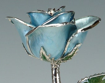 Light Blue Platinum Rose by Living Gold - Real Rose Dipped & Plated in Platinum