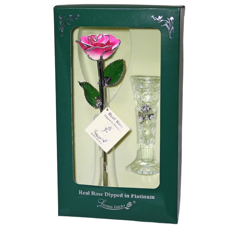 May include: A single pink rose dipped in platinum, with green leaves and a clear glass vase. The rose is in a green box with the words "Real Rose Dipped in Platinum" and "Living Gold" on it.