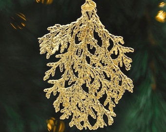 Real Cypress (Flared) Branchlet Dipped in 24k Gold - Christmas Ornament