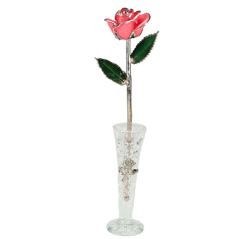 May include: A single pink rose with silver-plated stem and leaves in a clear glass vase.