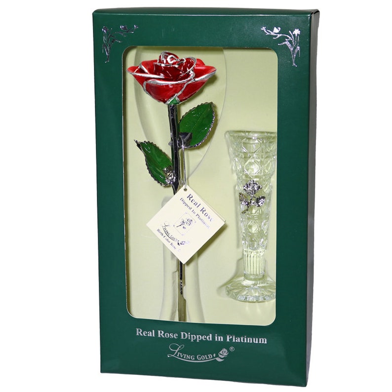 May include: A single red rose dipped in platinum, preserved in a clear glass vase. The rose and vase are displayed in a green box with the words "Real Rose Dipped in Platinum" and "Living Gold!" printed on it.