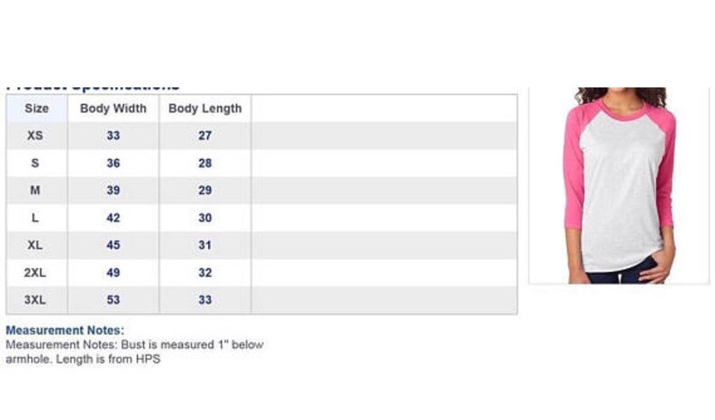 May include: Size chart for a baseball tee shirt with measurements in inches for XS, S, M, L, XL, 2XL, and 3XL. The chart shows the body width and body length for each size.