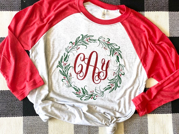 Christmas Wreath Monogram Shirt, Christmas Monogram Shirt, Womens Christmas Shirt, Floral Christmas Shirt Il_570xn