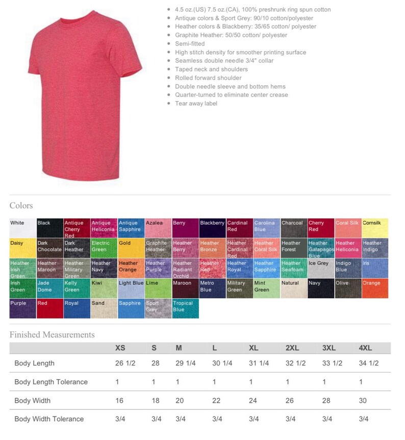 May include: A red heather crew neck t-shirt. The image shows a semi-fitted tee with a seamless double-needle 3/4" collar. Measurements are provided for body length and width, ranging from XS to 4XL.