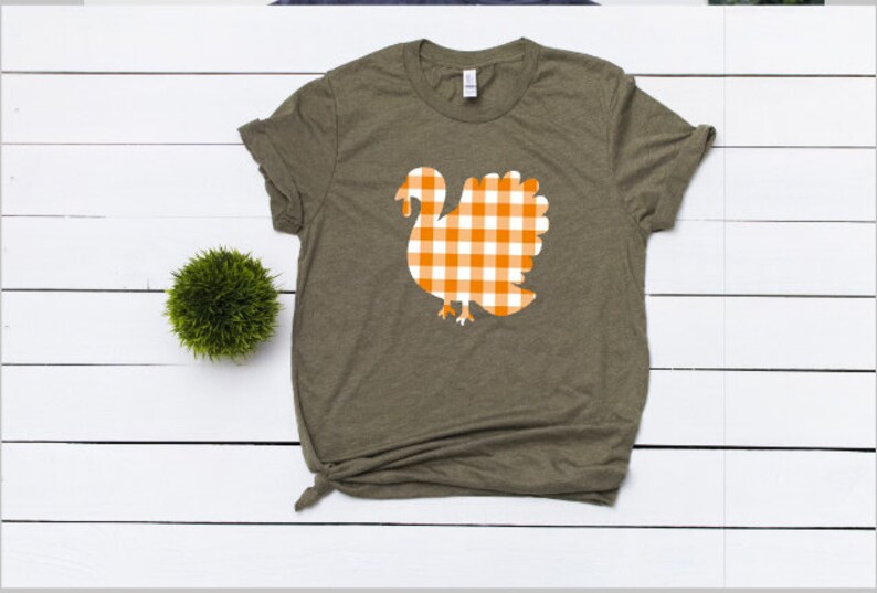 May include: A green t-shirt with a white and orange checkered turkey design.