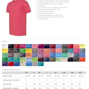 May include: A heather red short-sleeve t-shirt, semi-fitted with a seamless double-needle 3/4" collar. The shirt's body length ranges from 26.5 to 34.5 inches, and the body width varies from 16 to 30 inches.