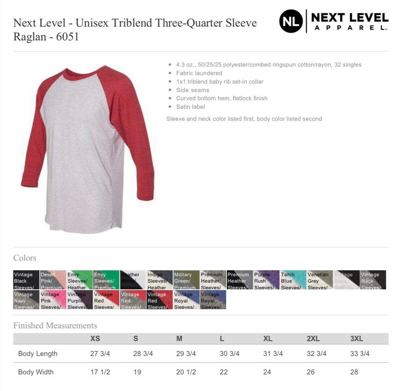 May include: A unisex triblend three-quarter sleeve raglan shirt. The shirt has a heather gray body with red sleeves. The image also shows a color chart with various color options and finished measurements for different sizes.