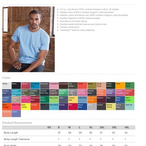 May include: A size chart for a short-sleeved t-shirt, showing measurements in inches for sizes XS to 4XL. The chart includes body length, body length tolerance, body width, and body width tolerance. The t-shirt is made of 100% combed ringspun cotton.