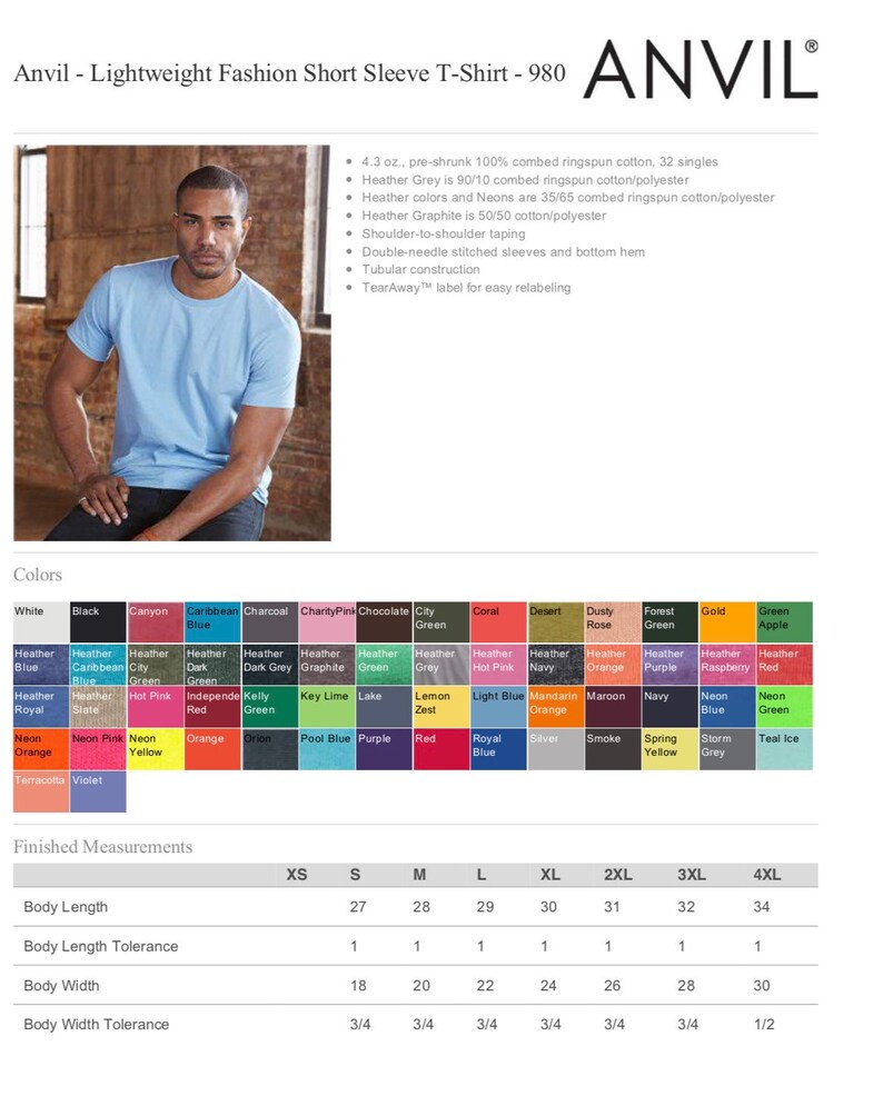 May include: A size chart for a short-sleeved t-shirt, showing measurements in inches for sizes XS to 4XL. The chart includes body length, body length tolerance, body width, and body width tolerance. The t-shirt is made of 100% combed ringspun cotton.