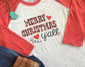 Merry Christmas Y'all Shirt, Christmas Shirt, Buffalo Check Christmas Shirt, Red and Black Check Christmas Shirt,
